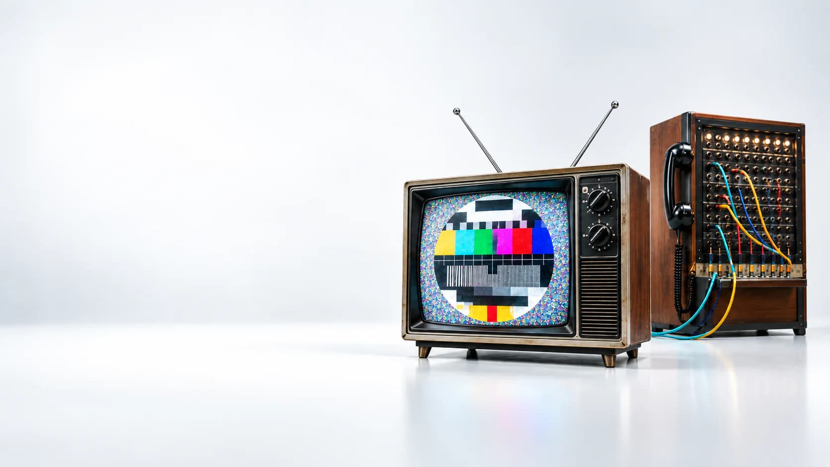 Historischer Fernseher und Telefonvermittlung als Sinnbild für technologischen Wandel.