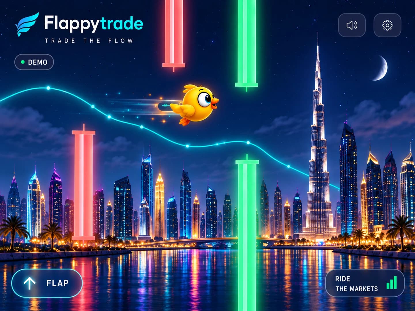 Flappytrade als Produktmotiv: ein Vogel fliegt durch einen Marktparcours vor einer nächtlichen Skyline.