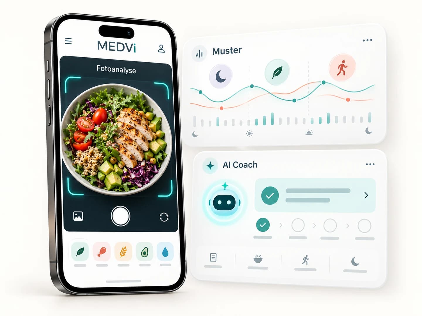 MEDVi als Produktmotiv: AI-Fotoanalyse, persönliche Muster und AI-Coaching.