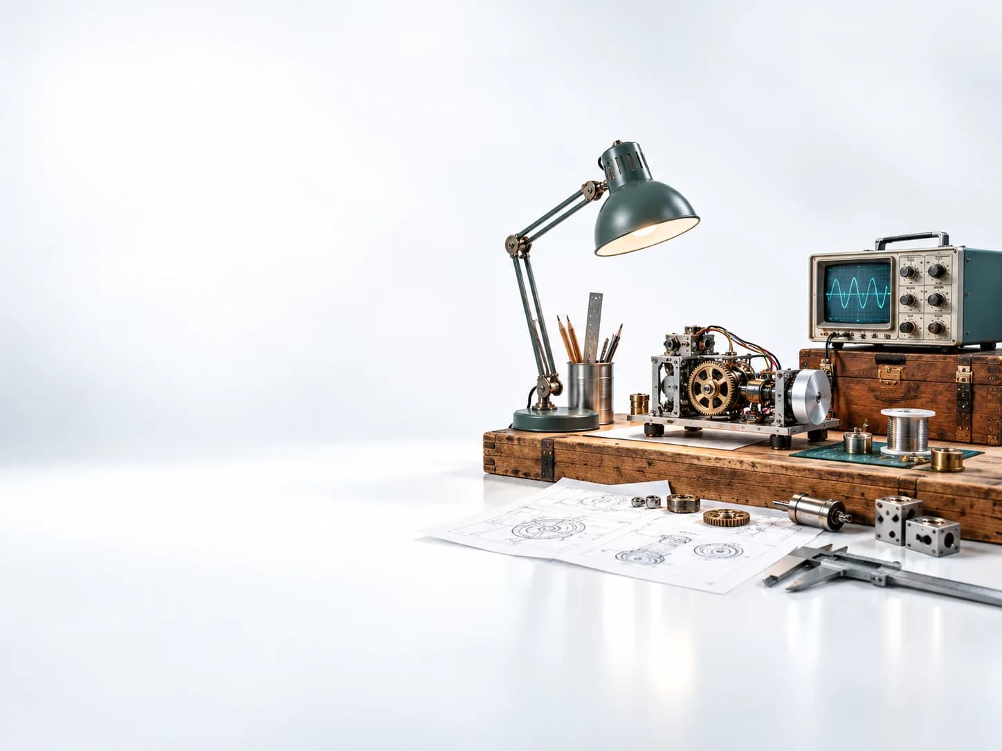 Retro-inspirierte Ingenieurwerkstatt mit Prototyp, Messgeräten und Werkbank als Bildsprache für entstehende Projekte.